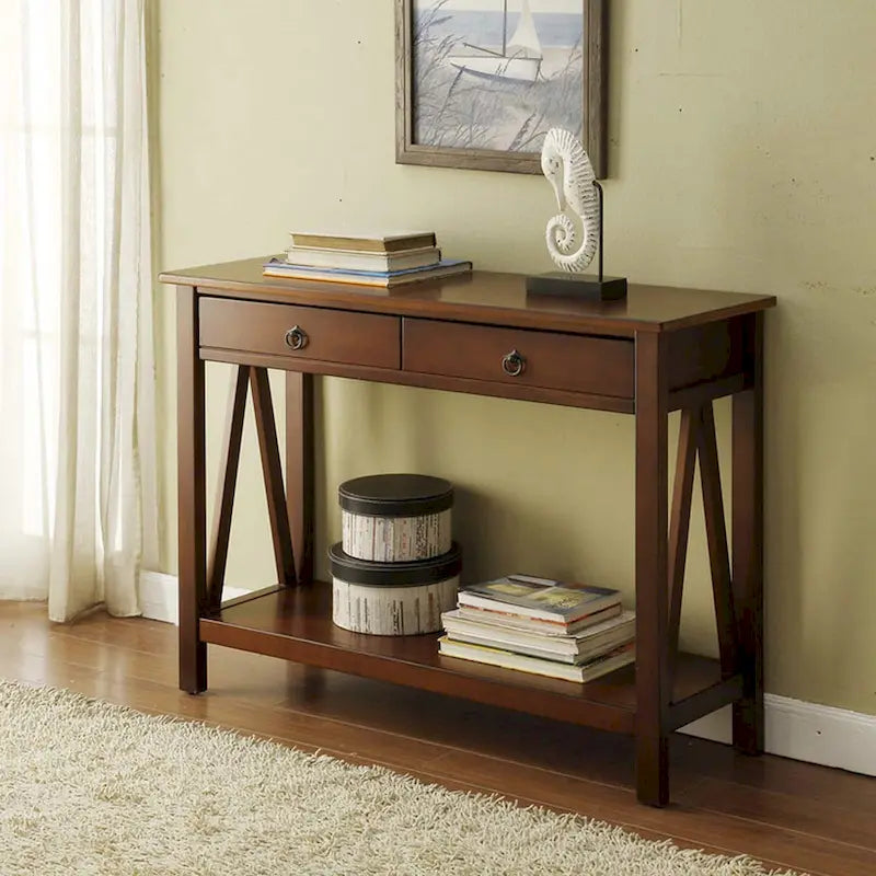Console en bois marron tabac antique avec tiroir et étagère ouverte