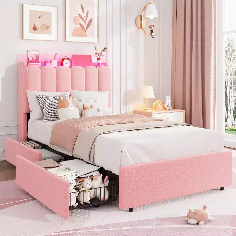Cadre de lit avec tête de lit de rangement, cadre de lit pour enfant avec 2 tiroirs, lit plateforme capitonné en tissu, tête de lit profilée avec bibliothèque