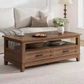Table basse de ferme avec tiroirs, Table basse rustique de 120 cm de couleur marron pour le salon, avec étagère ouverte et 6 pieds de support