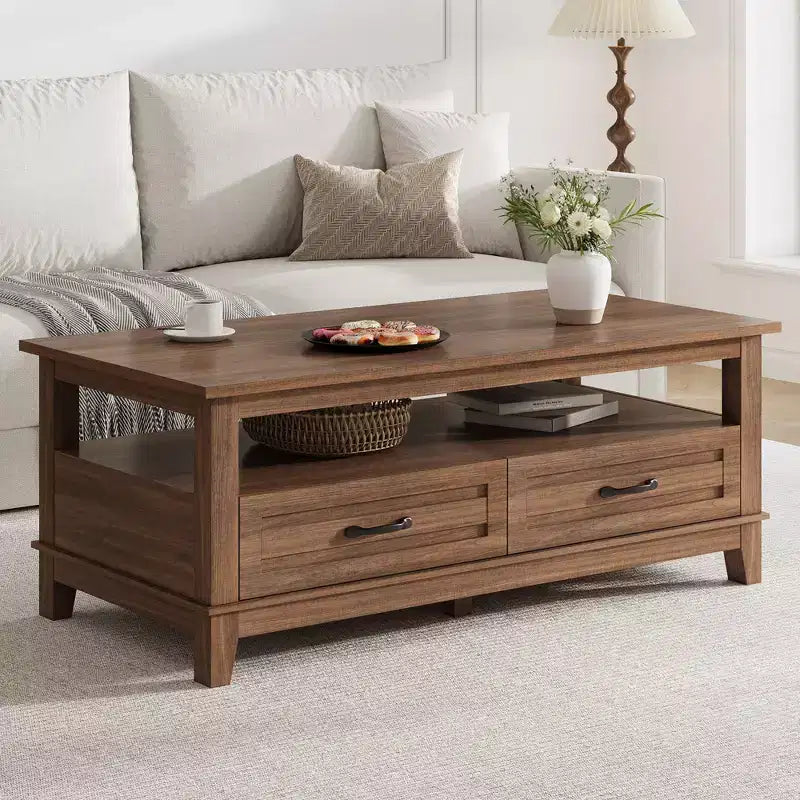 Table basse de ferme avec tiroirs, Table basse rustique de 120 cm de couleur marron pour le salon, avec étagère ouverte et 6 pieds de support