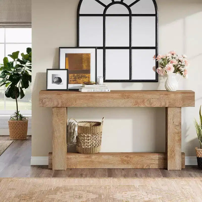 Console en bois de 62,99 po, table d'entrée de ferme étroite et longue à 2 niveaux