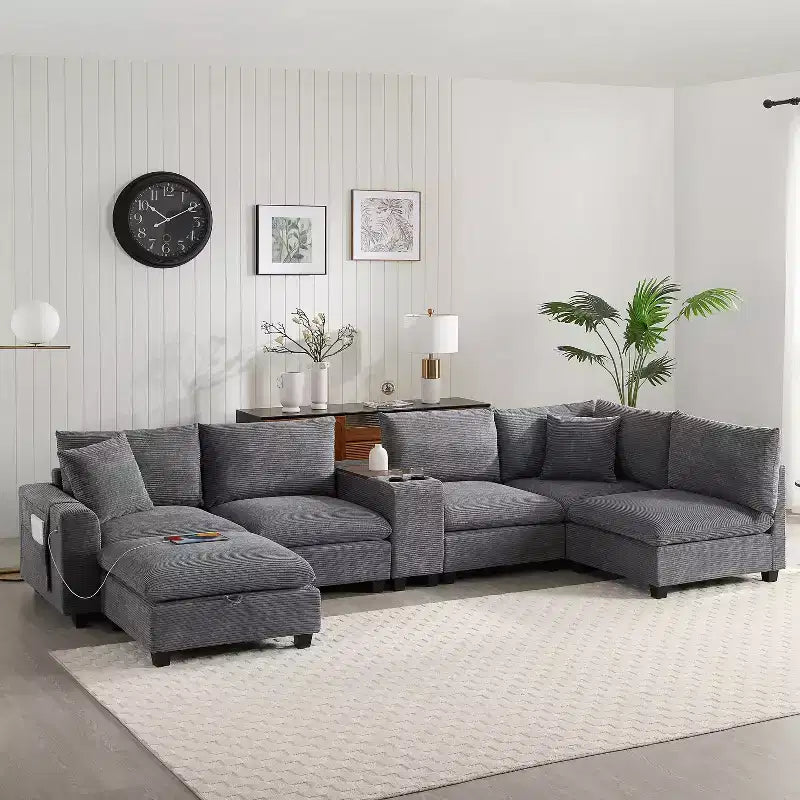 Canapé sectionnel modulaire surdimensionné Clihome 140 avec pouf de rangement mobile, porte-gobelet, siège large, chargeur USB, canapé en velours côtelé en forme de U à 6 places