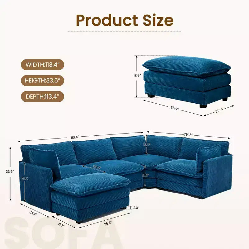 Canapé sectionnel modulaire moderne 5 places en velours côtelé, surdimensionné, 288 cm (L) x 201 cm (l), avec pouf, canapé en forme de U avec canapé d'angle, HYLEORY