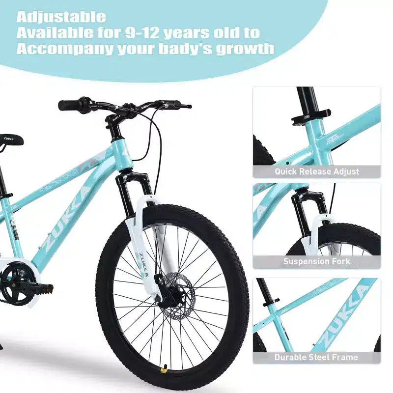 NAYSAYE Vélo VTT Enfant 24 Pouces avec Fourche Suspendue Cadre en Acier pour Enfants de 9 à 12 Ans, Cyan, 63.78*24.8*37.2