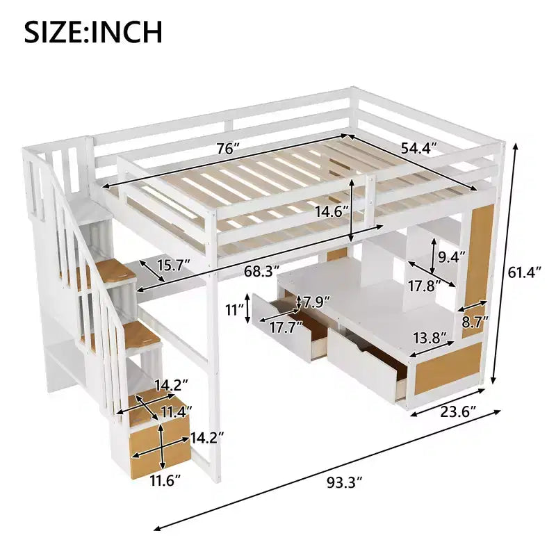 Lit mezzanine pleine grandeur avec escalier et bureau, cadre de lits mezzanine en bois avec tiroirs de rangement et étagères pour adultes, adolescents et enfants