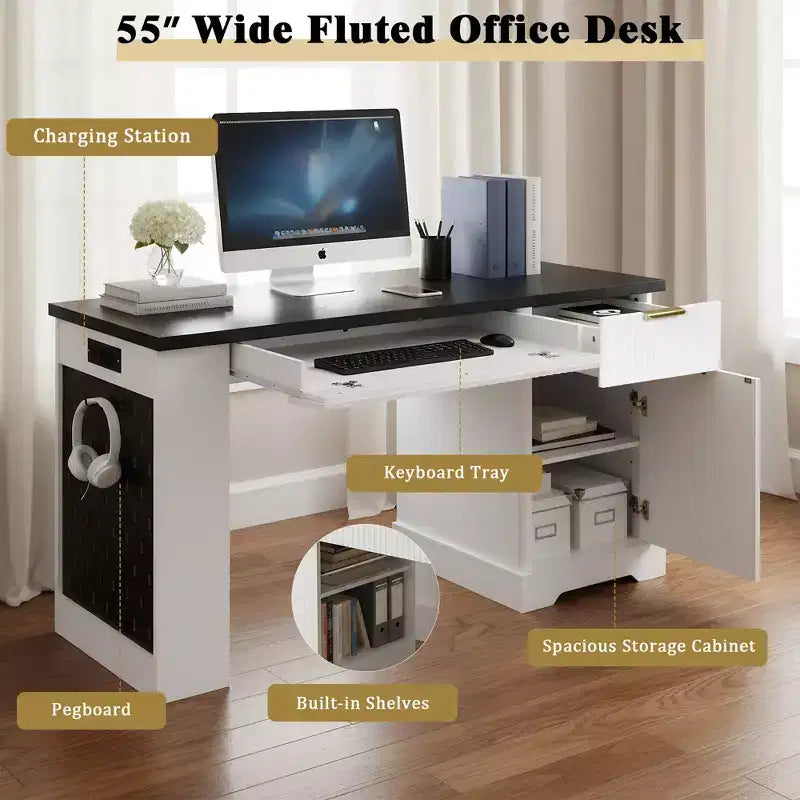 Bureau de direction moderne Haoran 55 de GDFStudio, à façade rainurée, avec prise électrique, tablette pour clavier, porte et tiroirs