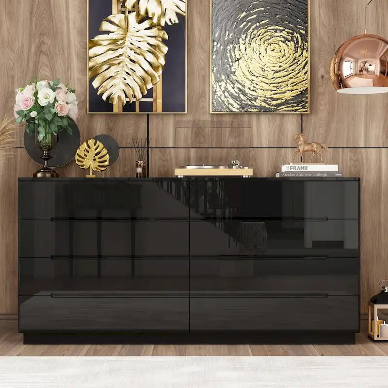 Commode haute brillance 63 po avec 8 tiroirs lumineux et plateau spacieux