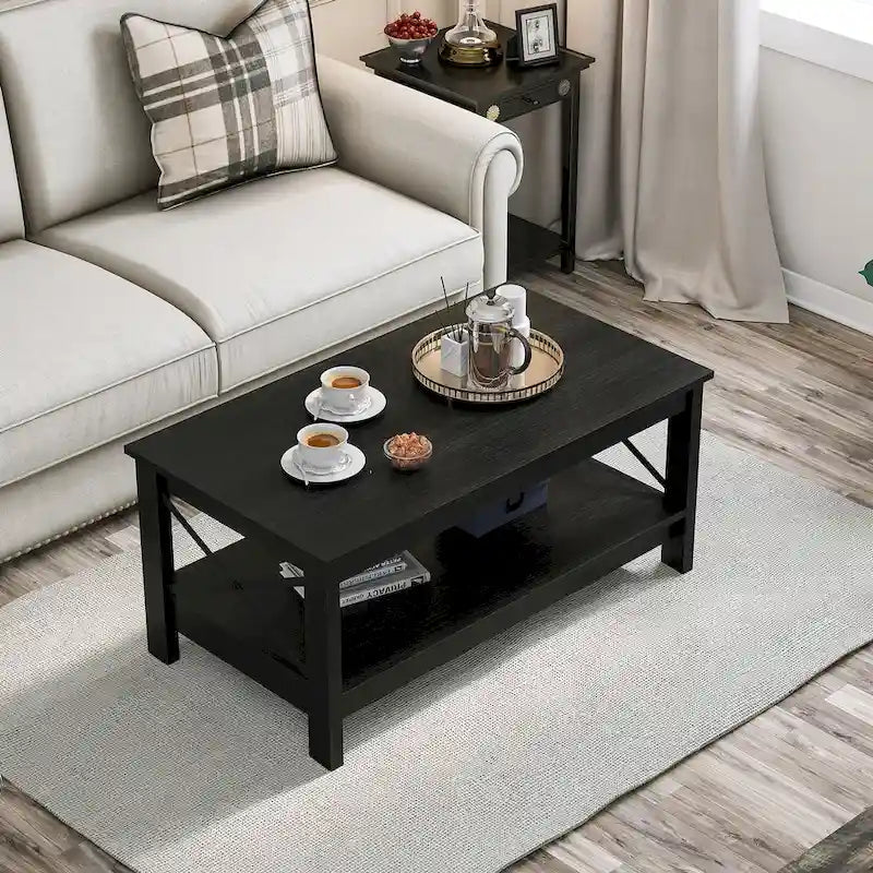 Table basse d'appoint en bois style rustique avec grande étagère de rangement