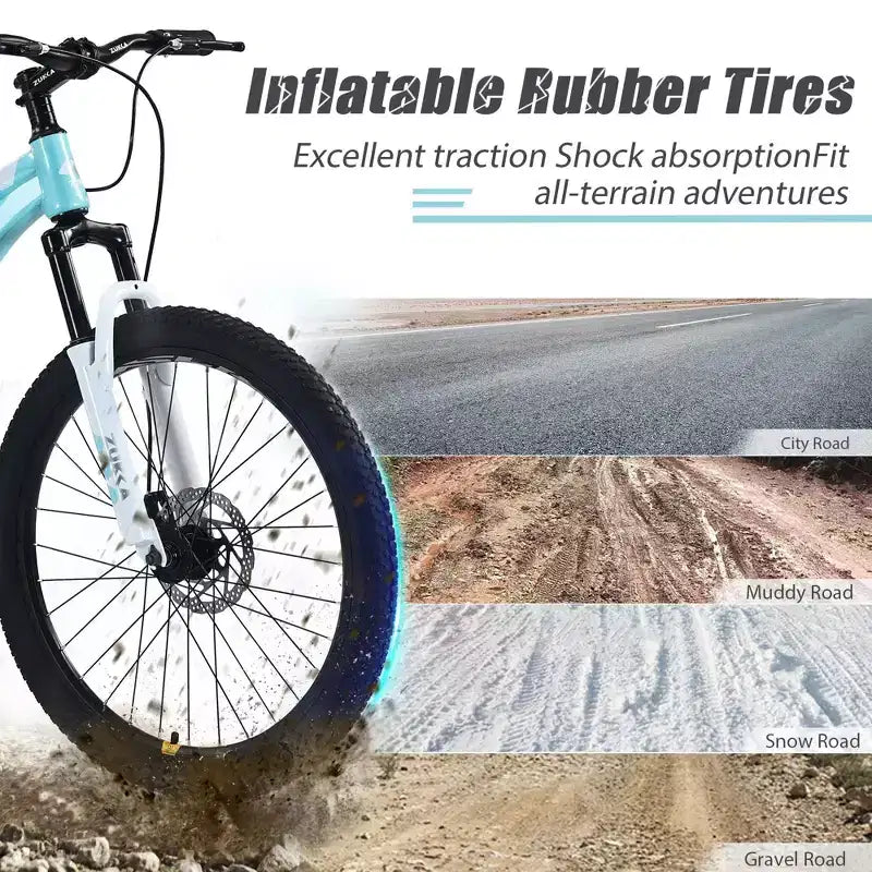 NAYSAYE Vélo VTT Enfant 24 Pouces avec Fourche Suspendue Cadre en Acier pour Enfants de 9 à 12 Ans, Cyan, 63.78*24.8*37.2