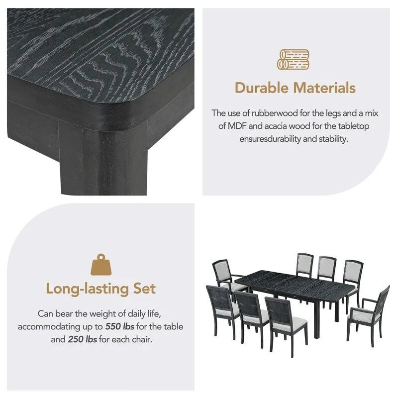 Ensemble de salle à manger extensible 9 pièces avec rallonge amovible de 61 cm, 6 chaises de salle à manger sans accoudoirs rembourrées et 2 fauteuils rembourrés