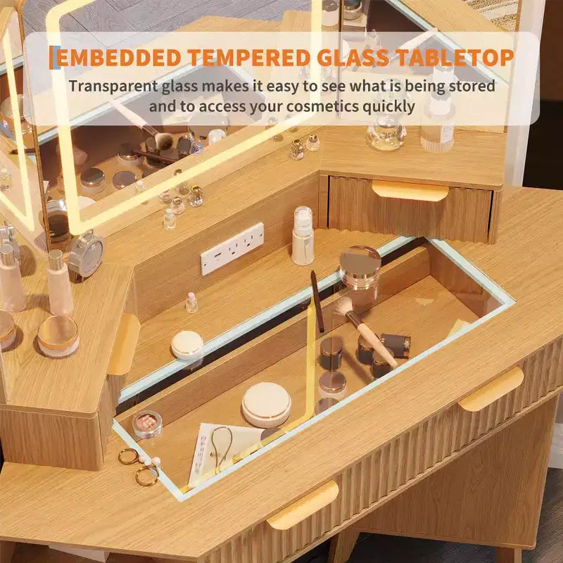 Coiffeuse d'angle 47 po avec miroir et lumière, table de maquillage en bois avec plateau en verre et station de charge, coiffeuse pour chambre à coucher