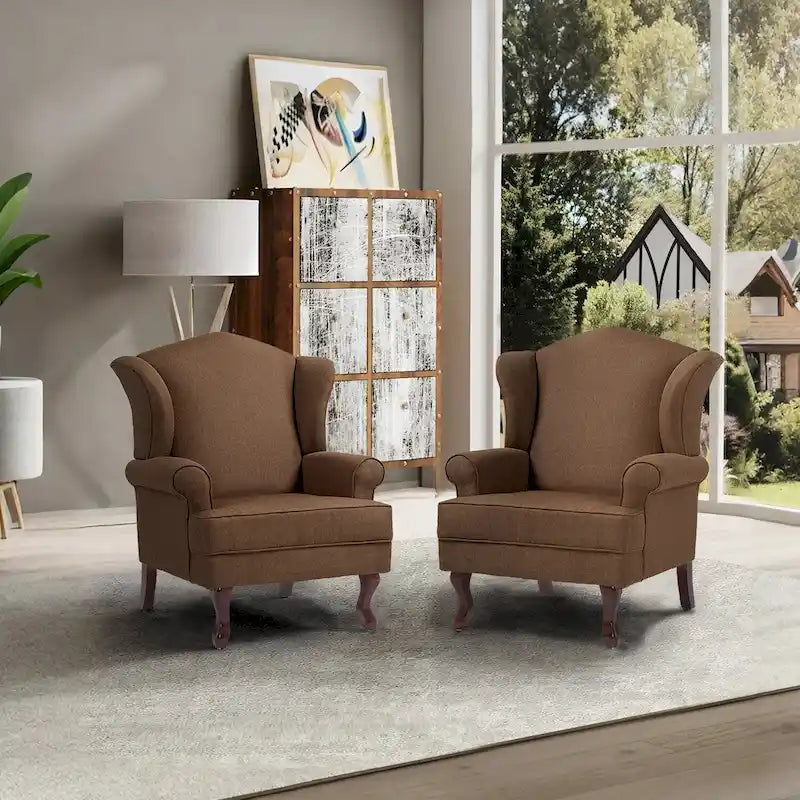 2 fauteuils d'appoint à dossier haut traditionnels, revêtus de tissu