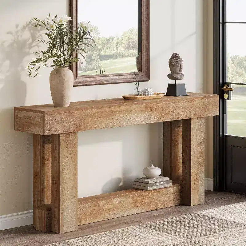 Console en bois de 62,99 po, table d'entrée de ferme étroite et longue à 2 niveaux