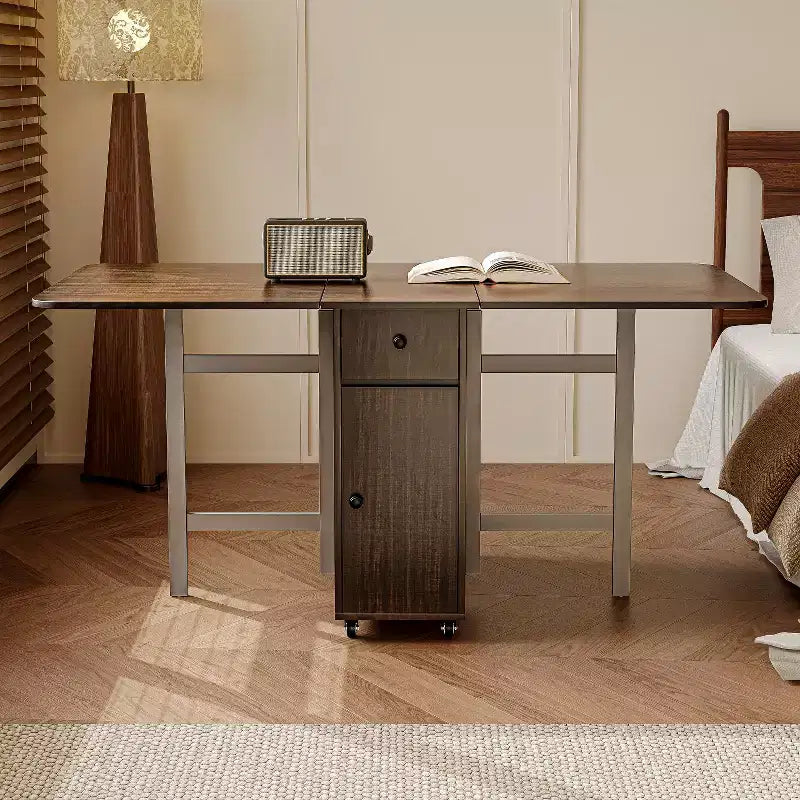 Table de salle à manger pliable ATJafurn 59 avec rabats pour petits espaces, table de cuisine rectangulaire en bois extensible avec roulettes et rangement