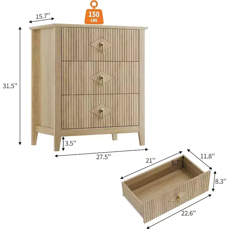 2 tables de chevet cannelées en bois, commode à 3 tiroirs de 69,85 cm de large, tables de nuit modernes, commode de chambre à coucher, salon