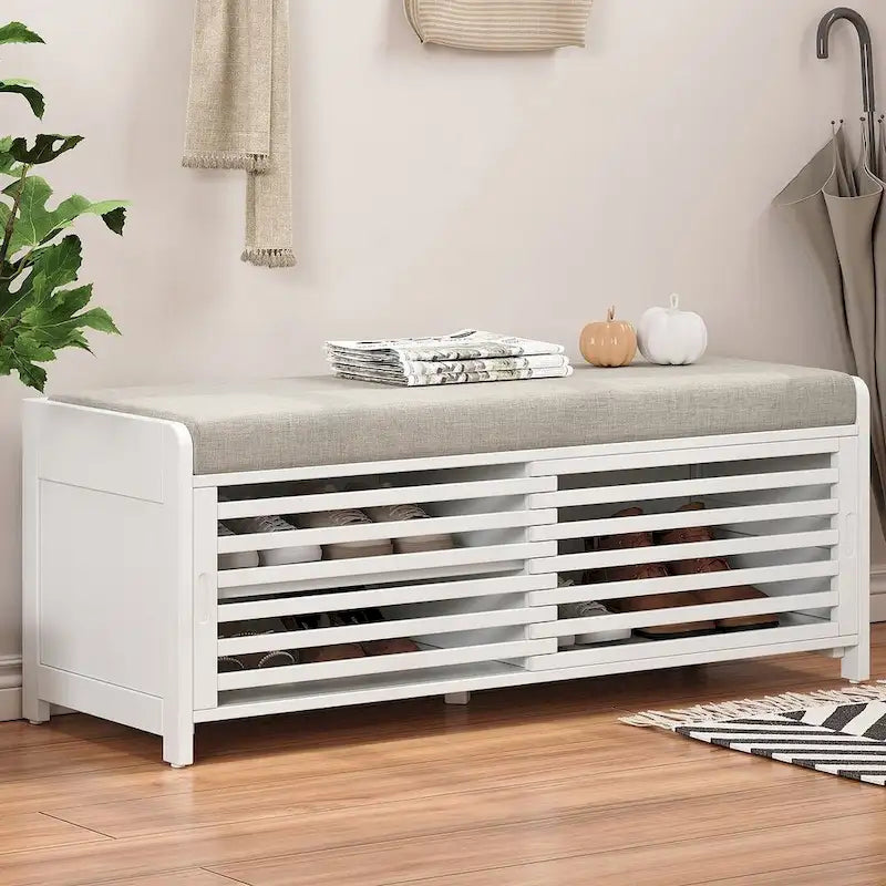 Banc de rangement en bois massif 43.30 avec stores contemporains à l'aspect vieilli