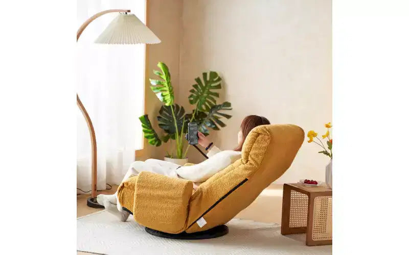 Chaise de jeu au sol, fauteuil de sol pivotant avec accoudoirs et support de téléphone, fauteuil de jeu inclinable pliant réglable sur 5 positions