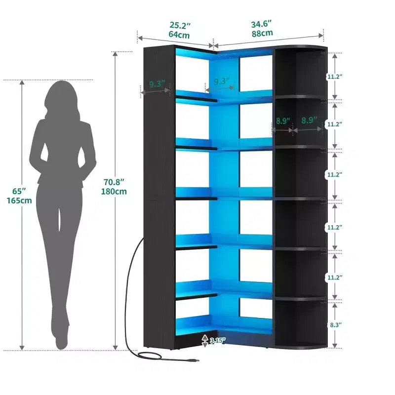 Étagère à 6 niveaux avec lumière LED, bibliothèque moderne de 180 cm, étagère d'angle en forme de L, meuble de rangement et de présentation.