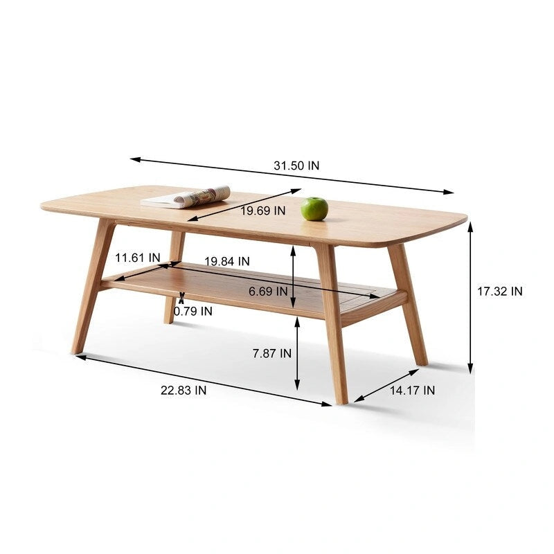 Table basse Grondin Nordic en bois massif naturel à 2 niveaux avec étagère, Table basse d'appoint rectangulaire