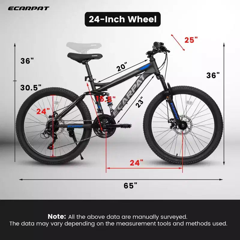 VTT Okak 24 pouces en acier au carbone avec suspension intégrale, vélo homme avec leviers de vitesses 21 vitesses et freins à disque, vélo pour enfants et adultes