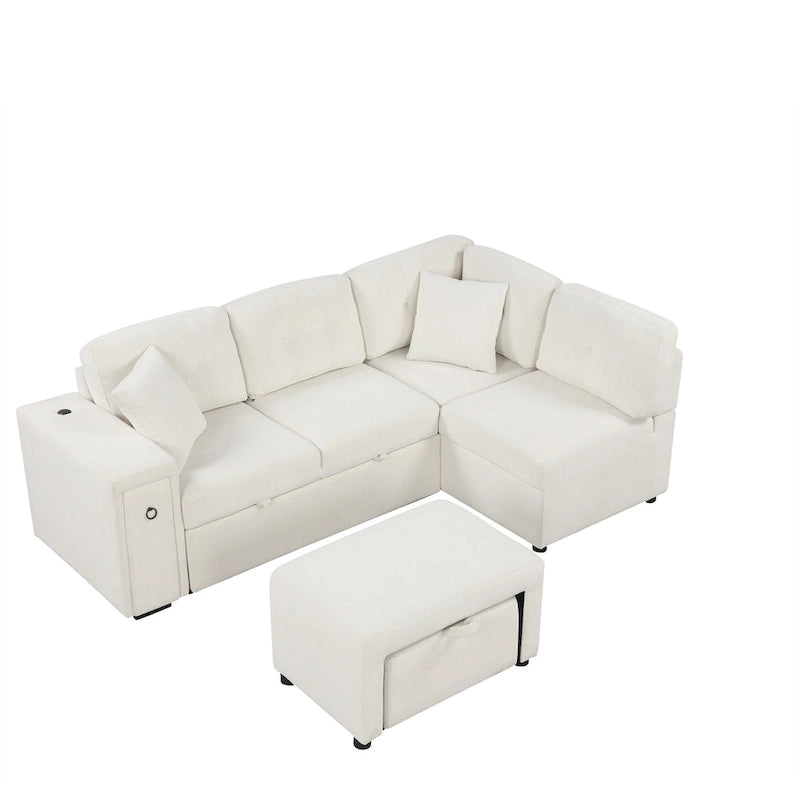 Canapé d'angle 4 places avec lit gigogne, pouf, ports USB et tablette rabattable