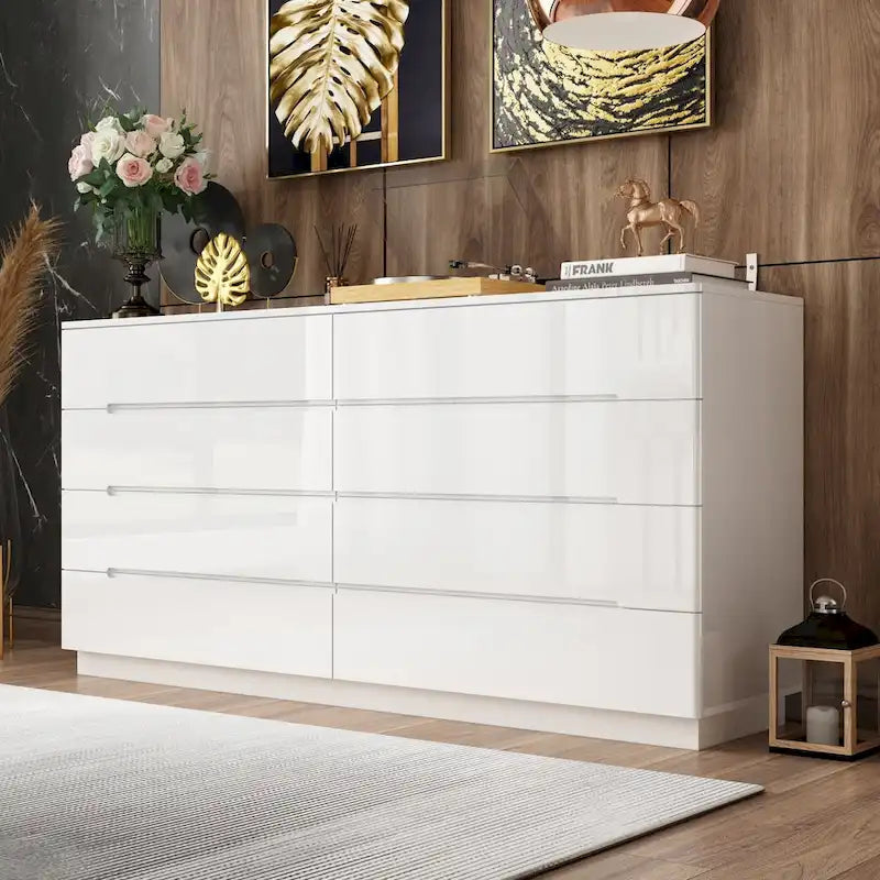 Commode haute brillance 63 po avec 8 tiroirs lumineux et plateau spacieux