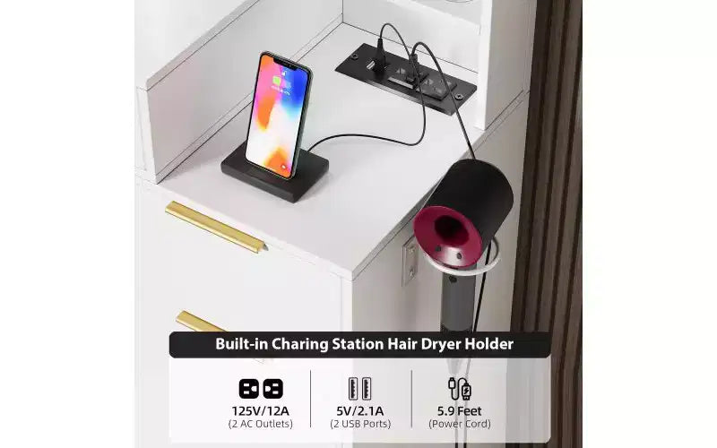 Coiffeuse de 59 pouces avec miroir lumineux, 8 tiroirs, étagères ouvertes pour chambre de fille, éclairage réglable, design peu encombrant