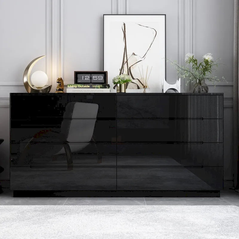 Commode haute brillance 63 po avec 8 tiroirs lumineux et plateau spacieux