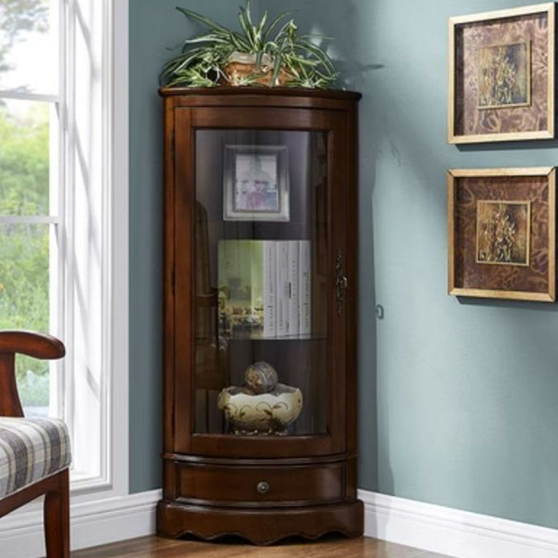 Meuble d'angle classique en bois d'hévéa marron avec porte vitrée