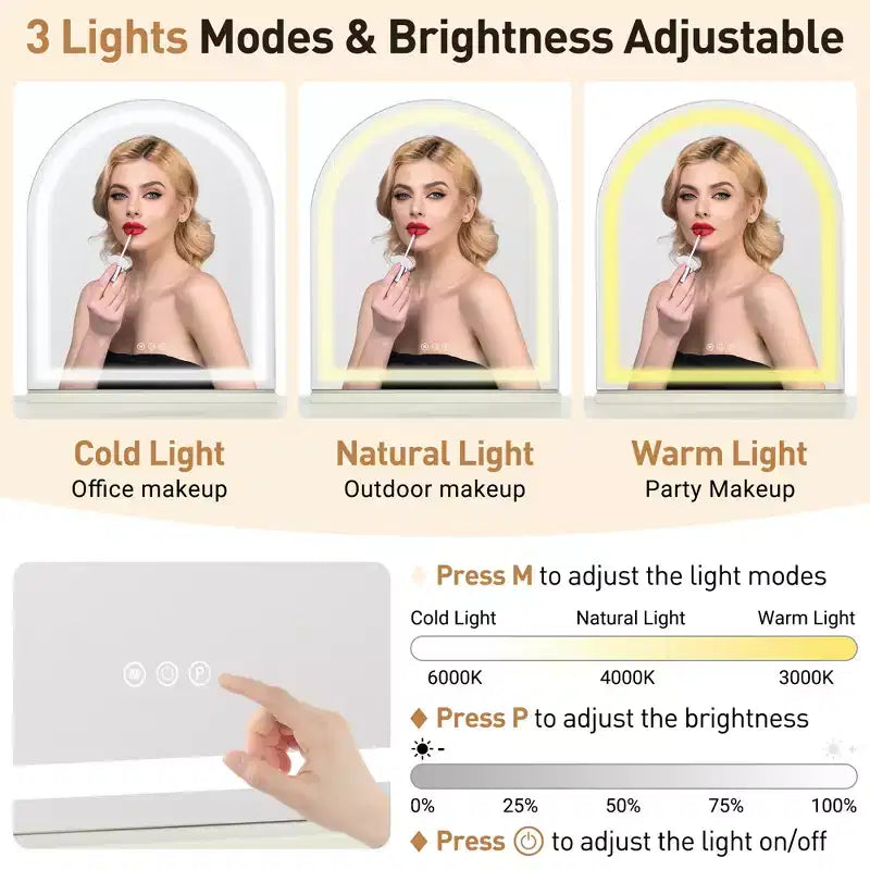 Table de maquillage moderne en cuir avec miroir éclairé par LED et 5 tiroirs