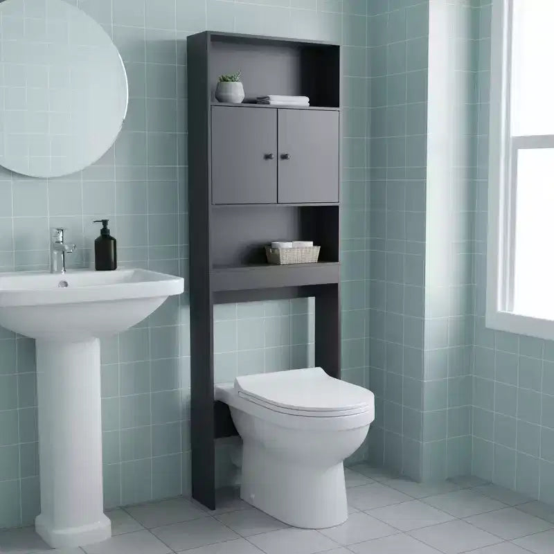 FurnitureR Meuble de Rangement Au-Dessus des Toilettes, Étagère de Rangement de Salle de Bain à 3 Niveaux avec Deux Portes et Rangement Ouvert, Meuble Autoportant pour Salle de Bain, Hauteur 194 cm
