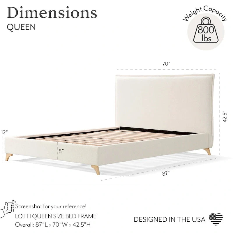 Cadre de lit plateforme grand lit rembourré en boucle crème Lottie