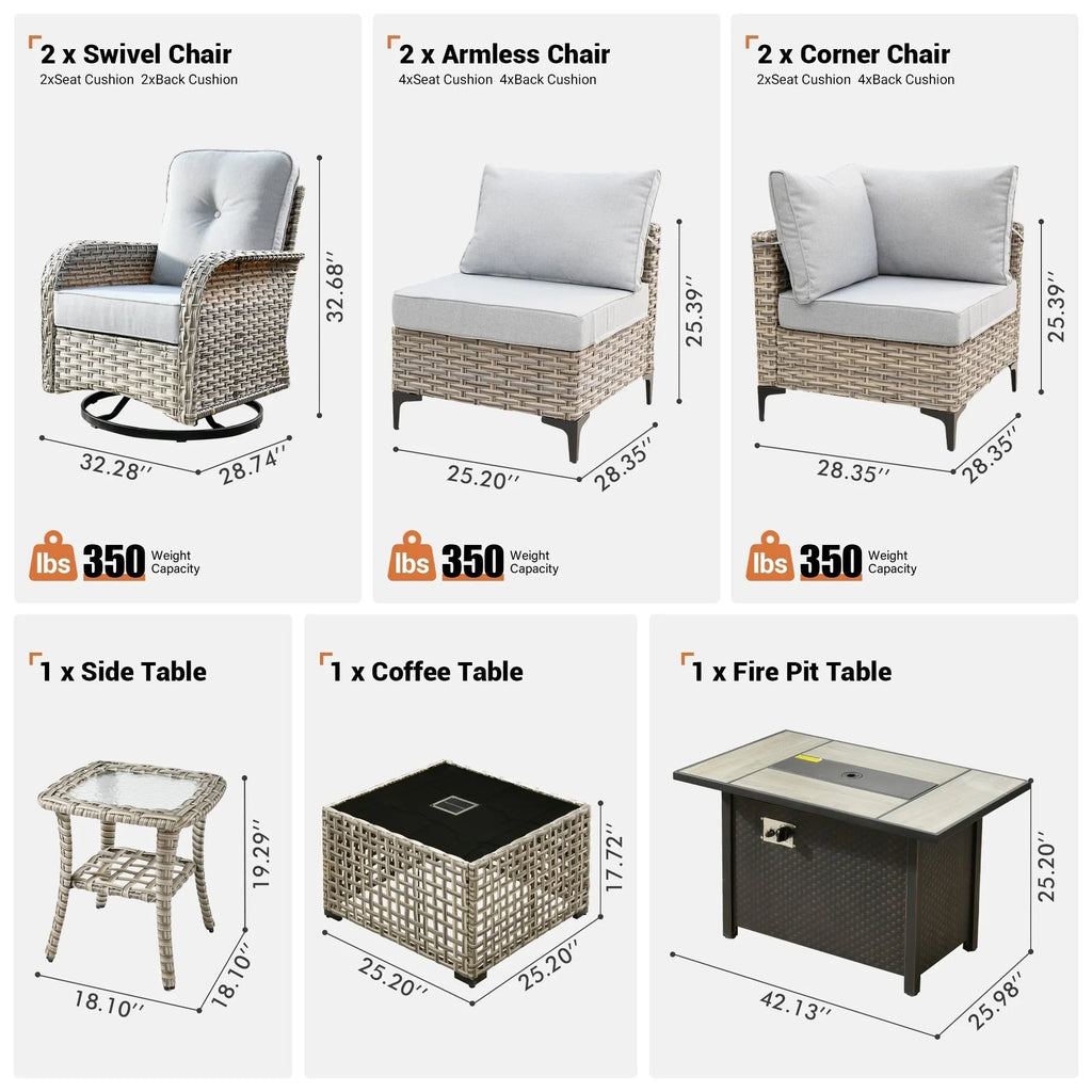 Ensemble de 9 chaises pivotantes en osier d'extérieur OVIOS avec table brasero