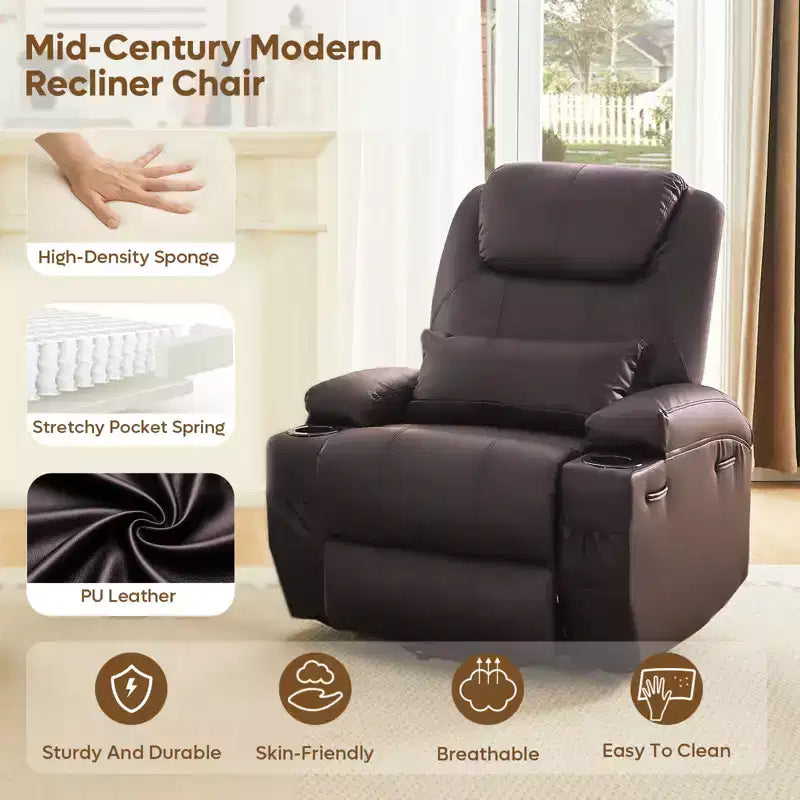 Fauteuil inclinable électrique avec assistance au levage Bestier 34,6 po avec massage et chaleur, fauteuil inclinable en similicuir avec poches latérales et porte-gobelets