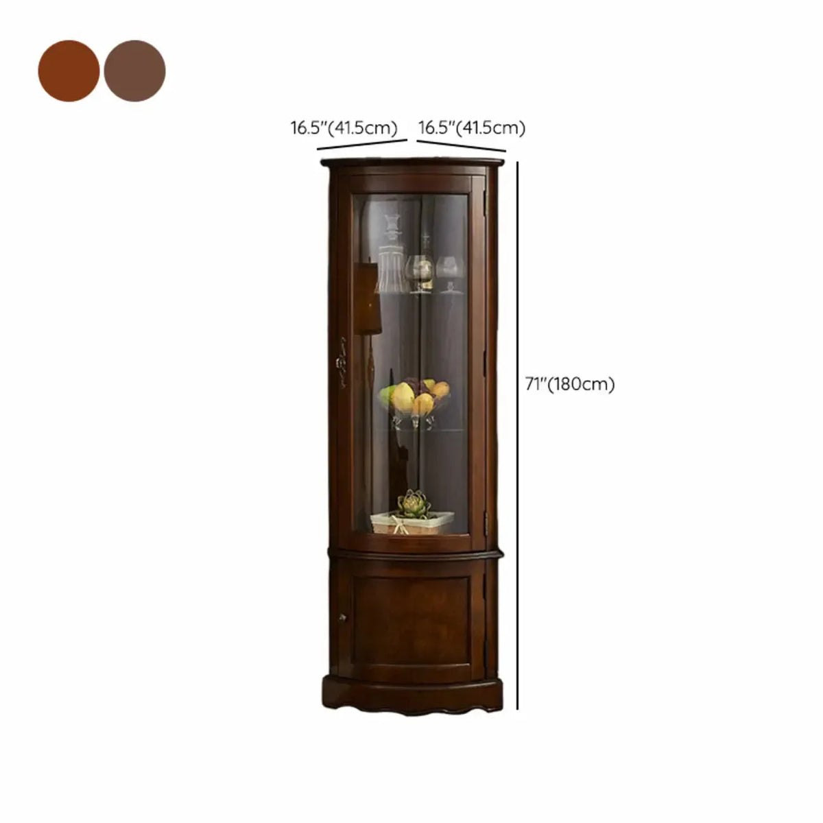 Meuble d'angle classique en bois d'hévéa marron avec porte vitrée