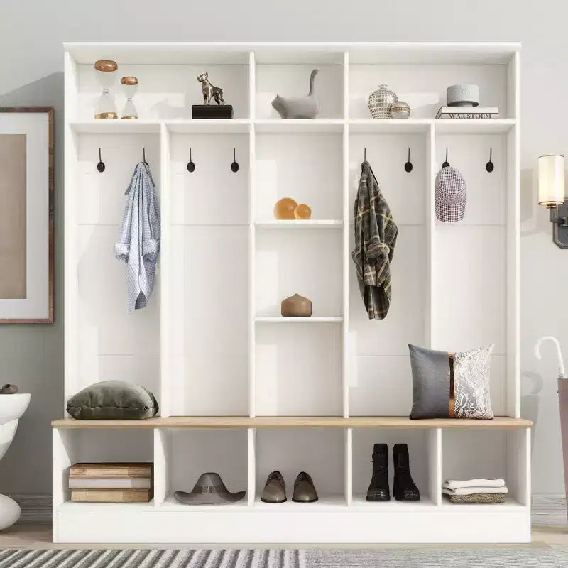 Meuble d'entrée large CLIHOME avec banc de rangement, armoire à chaussures minimaliste avec cubes de rangement et étagères