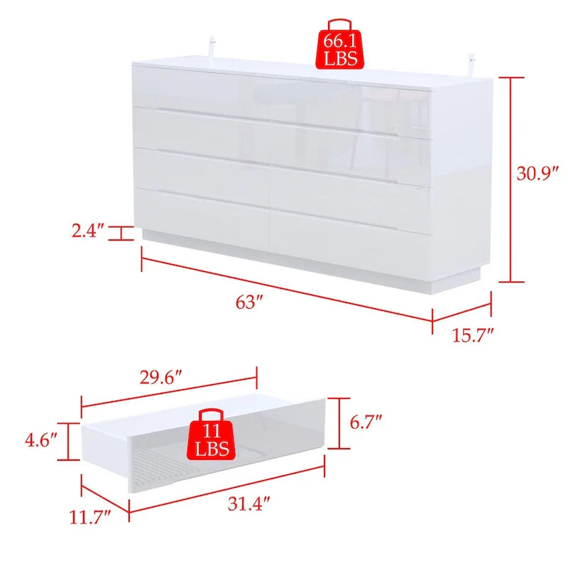 Commode haute brillance 63 po avec 8 tiroirs lumineux et plateau spacieux