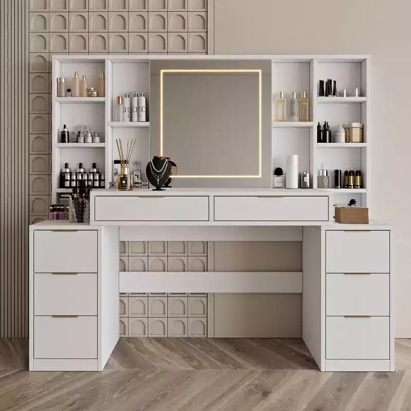 Coiffeuse de 59 pouces avec miroir lumineux, 8 tiroirs, étagères ouvertes pour chambre de fille, éclairage réglable, design peu encombrant