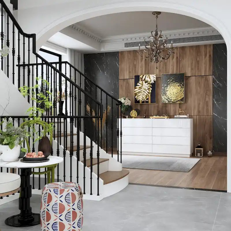 Commode haute brillance 63 po avec 8 tiroirs lumineux et plateau spacieux