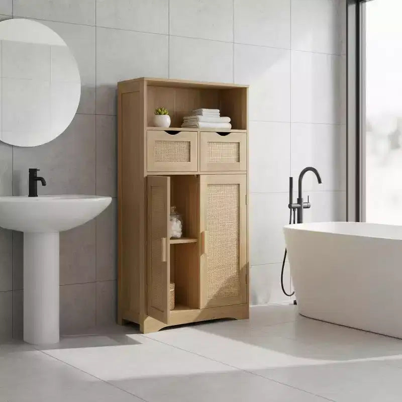 Meuble de rangement en rotin avec 2 tiroirs et étagères réglables pour cuisine/maison