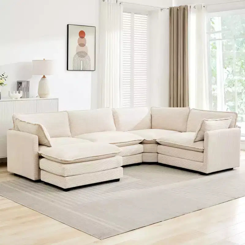 Canapé sectionnel modulaire moderne 5 places en velours côtelé, surdimensionné, 288 cm (L) x 201 cm (l), avec pouf, canapé en forme de U avec canapé d'angle, HYLEORY