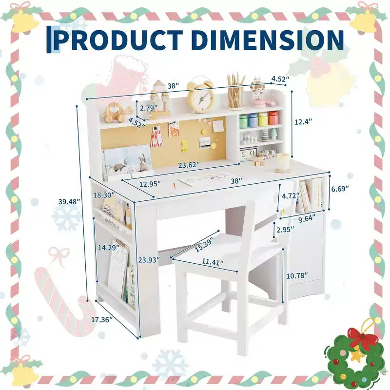 Bureau et chaise d'étude pour enfants avec rangement, bureau d'étude pour enfants avec étagère et plateau inclinable, table en bois pour enfants avec meuble de rangement pour les 3-8 ans