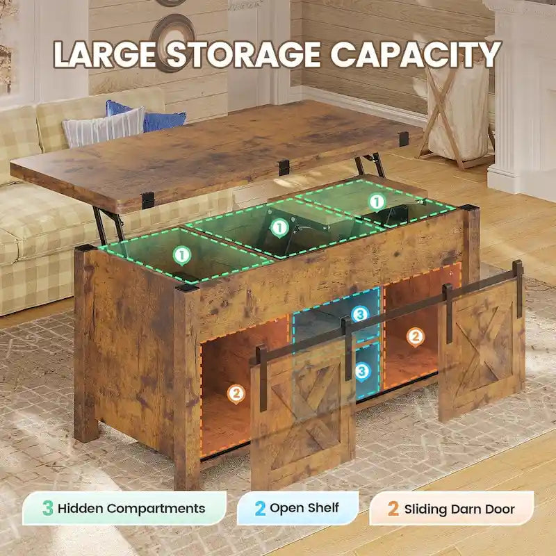 Table basse relevable 2 portes coulissantes style grange Table à manger avec rangement