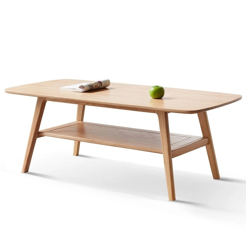 Table basse Grondin Nordic en bois massif naturel à 2 niveaux avec étagère, Table basse d'appoint rectangulaire
