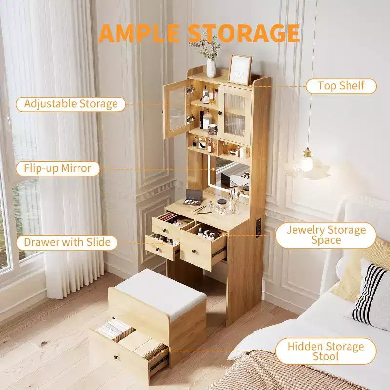 Coiffeuse 3-en-1 avec miroir lumineux, table de toilette compacte avec tiroirs, compartiment de rangement et tabouret roulant pour chambre à coucher