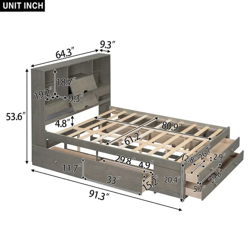 Lit moderne queen size gris en bois avec tête de lit de rangement et 8 tiroirs