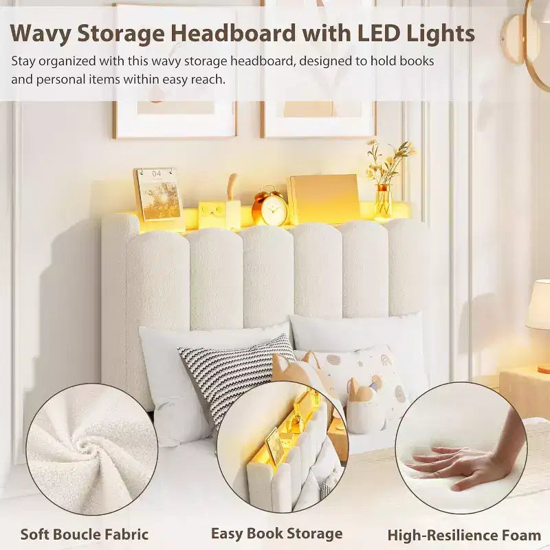 Cadre de lit avec tête de lit de rangement, cadre de lit pour enfant avec 2 tiroirs, lit plateforme capitonné en tissu, tête de lit profilée avec bibliothèque