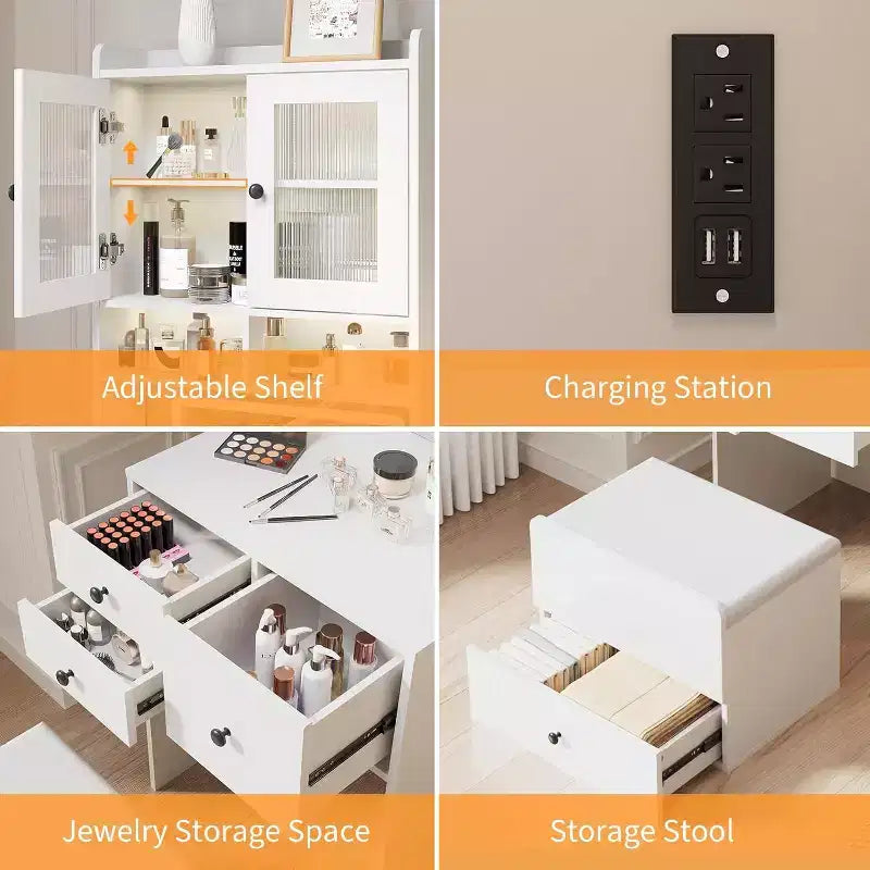Coiffeuse 3-en-1 avec miroir lumineux, table de toilette compacte avec tiroirs, compartiment de rangement et tabouret roulant pour chambre à coucher