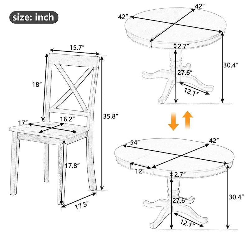 Table à manger ronde extensible 4 places de 42 à 54 po pour ferme