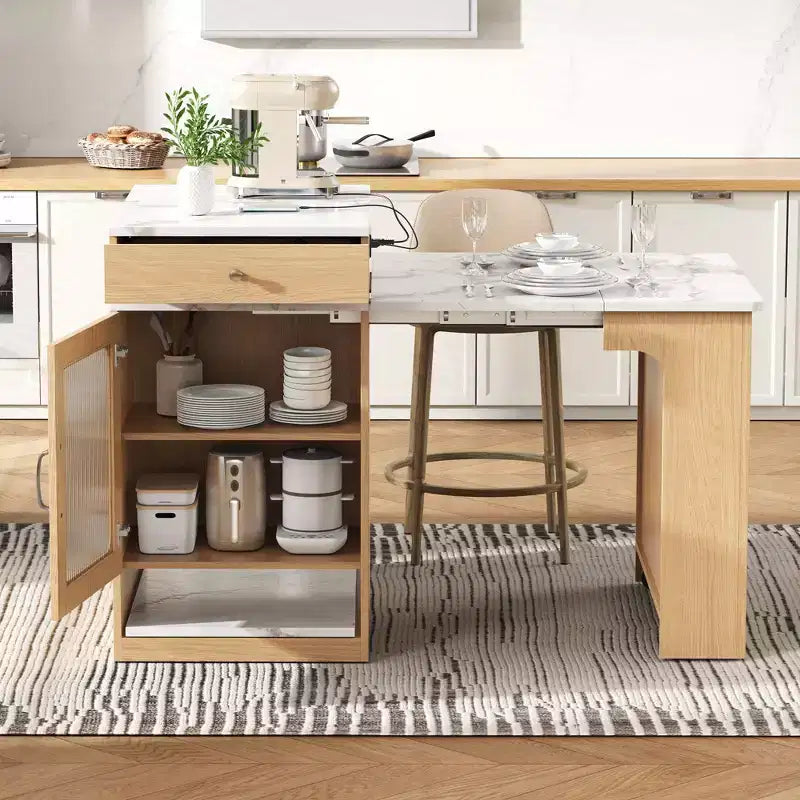 Îlot de cuisine de 59,5 po avec table à manger extensible, rangement double face et prise électrique, naturel